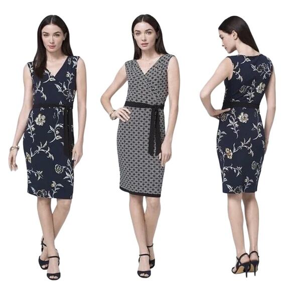 White House Black Market Dresses & Skirts - White House Black Market Reversible Floral/Geo-Print Faux Wrap Knit Dress XS 2